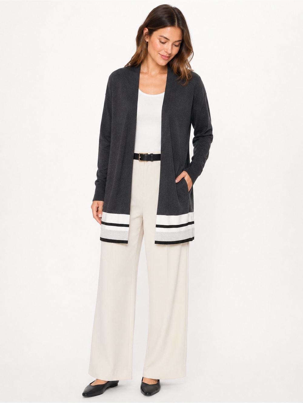 LOFT Charcoal Gray Striped Open Front Long Cardigan Sweater Size M